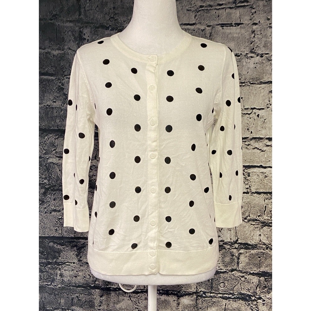 1901 Cardigan Sweater Womens XS White Pima Cotton Polka Dot 3/4 Sleeve Crew Neck